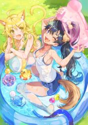  2girls ahoge animal_ears antenna_hair arms_up ball bare_shoulders barefoot beachball bikini bikini_under_clothes black_hair blonde_hair blue_bikini blue_eyes blue_shorts blush breasts cat_ears cat_tail cleavage collarbone commentary day dog_ears dog_tail dot_nose fake_animal_ears fake_tail from_above ganaha_hibiki grass green_bikini green_eyes hair_bobbles hair_ornament holding hose hoshii_miki idolmaster idolmaster_(classic) idolmaster_million_live! idolmaster_million_live!_theater_days inflatable_dolphin inflatable_duck inflatable_octopus inflatable_toy inzup large_breasts leaning_forward long_hair looking_at_another looking_at_viewer looking_up medium_breasts multiple_girls one_eye_closed open_mouth outdoors ponytail shirt shorts sideboob sitting sleeveless sleeveless_shirt smile striped_bikini striped_clothes swimsuit symbol-only_commentary tail wading wading_pool wariza wet wet_clothes white_shirt 