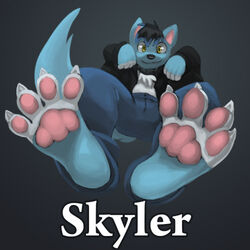 1:1 4_toes anthro ben_the_dragon biped black_hair blue_body blue_fur canid canine claws clothing digital_media_(artwork) feet foot_focus fur hair hindpaw low_res lying male mammal on_back pawpads paws simple_background skyler_(disambiguation) solo toe_claws toes unavailable_at_source