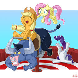 1:1 2014 applejack_(mlp) blonde_hair blue_eyes clothing cowboy_hat cutie_mark earth_pony equid equine facial_piercing falling feathered_wings feathers female fluttershy_(mlp) friendship_is_magic group hair hasbro hat headgear headwear horn horse iron_will_(mlp) mammal mechanical_bull my_little_pony mythological_creature mythological_equine mythology nose_piercing nose_ring pegasus piercing pink_hair pony purple_hair rarity_(mlp) riding ring_piercing septum_piercing septum_ring sitting unicorn uotapo wings yellow_body yellow_feathers