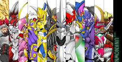 alphamon ambiguous_gender armor bandai_namco blonde_hair buckle cape claws clothing craniamon crusadermon digimon digimon_(species) dragon duftmon dynasmon examon facial_markings forehead_markings gallantmon gankoomon gauntlets gloves green_eyes group hair handwear head_markings headgear helmet horn kentaurosmon knight lineup long_coat magnamon male markings melee_weapon mythological_creature mythological_scalie mythology omegamon red_eyes red_hair scalie shield shoulder_pads sinko spikes sword symbol ulforceveedramon visor warrior weapon wings x-digimon yellow_eyes zero_unit