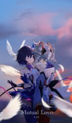  2girls absurdres bare_shoulders bird black_gloves blue_hair blue_sky bronya_zaychik bronya_zaychik_(drive_kometa) bronya_zaychik_(yamabuki_armor) cloud cloudy_sky commentary_request dove dress drill_hair gloves grey_hair hair_ornament hanchan540 highres honkai_(series) honkai_impact_3rd hug multiple_girls off-shoulder_dress off_shoulder outdoors purple_dress purple_legwear purple_sleeves red_legwear seele_vollerei seele_vollerei_(swallowtail_phantasm) short_hair sky smile thighs twin_drills white_dress yuri 