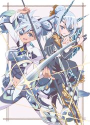  2girls :d absurdres black_coat blue_eyes blue_hair breasts clothing_cutout coat dark-skinned_female dark_skin eyepatch flat_chest hair_bun highres holding holding_polearm holding_sword holding_weapon ice_horns kageyasu katana large_breasts long_hair long_sleeves looking_at_viewer multiple_girls navel navel_cutout open_mouth polearm praxis_(xenoblade) single_hair_bun smile spear sword theory_(xenoblade) weapon xenoblade_chronicles_(series) xenoblade_chronicles_2 