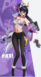  absurdres arm_up artist_name bandeau black_c_(net_dust) black_footwear black_hair black_pants bound_ankles breasts cleavage collarbone commentary copyright_name covered_mouth female full_body goddess_of_victory:_nikke gradient_hair gun hair_between_eyes headgear high_ponytail highres holding holding_shoes holding_strap holographic_clothing jacket large_breasts long_hair looking_at_viewer mask midriff mouth_mask multicolored_hair navel pants purple_eyes purple_jacket shoes sidelocks sin_(nikke) single_bare_shoulder sneakers solo standing strapless two-tone_hair very_long_hair weapon white_bandeau white_hair yoga_pants zoom_layer 