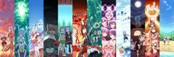  6+girls :d ^_^ absurdres african_wild_dog_(kemono_friends) alpaca_ears alpaca_suri_(kemono_friends) alpaca_tail american_beaver_(kemono_friends) animal_ears animal_print antlers aqua_hair backpack bag ball bear_ears bear_tail beaver_ears beaver_tail bird_tail bird_wings black-tailed_prairie_dog_(kemono_friends) black_bow black_bowtie blonde_hair blood blush bow bowtie breasts brown_bear_(kemono_friends) campo_flicker_(kemono_friends) cat_ears closed_eyes column_lineup commentary_request common_raccoon_(kemono_friends) dog_ears eating emperor_penguin_(kemono_friends) eurasian_eagle_owl_(kemono_friends) ezo_red_fox_(kemono_friends) fennec_(kemono_friends) food forest fox_ears fox_tail fur_collar gentoo_penguin_(kemono_friends) giraffe_ears giraffe_horns giraffe_print glasses gloves glowing glowing_eyes golden_snub-nosed_monkey_(kemono_friends) gradient_bow grass grey_hair grey_wolf_(kemono_friends) hair_between_eyes hair_over_one_eye hat hat_feather head_wings headphones helmet highres holding holding_strap holding_weapon hologram hood hoodie horns humboldt_penguin_(kemono_friends) jacket jaguar_(kemono_friends) jaguar_ears jaguar_tail japanese_crested_ibis_(kemono_friends) japari_bun japari_symbol kaban_(kemono_friends) kemono_friends lion_(kemono_friends) lion_ears long_hair margay_(kemono_friends) mirai_(kemono_friends) monkey_ears monkey_tail moon moose_(kemono_friends) moose_ears mountain multicolored_hair multiple_girls nature neck_ribbon necktie northern_white-faced_owl_(kemono_friends) nosebleed open_mouth orange_bow orange_bowtie otter_ears otter_tail outdoors paw_stick pince-nez pink_ribbon pith_helmet print_bow print_bowtie raccoon_ears red_bow red_bowtie reticulated_giraffe_(kemono_friends) ribbon rockhopper_penguin_(kemono_friends) royal_penguin_(kemono_friends) sand_cat_(kemono_friends) sandstar serval_(kemono_friends) serval_print shapoco shoebill_(kemono_friends) silver_fox_(kemono_friends) skirt sky small-clawed_otter_(kemono_friends) smile snow spoilers spoon striped_tail tail thighhighs thought_bubble tree tsuchinoko_(kemono_friends) twitter_username two-tone_bowtie weapon white_bow white_bowtie white_legwear wings wolf_ears 