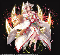  animal_ears bare_shoulders blue_eyes blush bride caleen_keemosn commentary_request eyebrows female flower fox_ears fox_tail japanese_clothes kimono looking_at_viewer nail_polish official_art photoshop_(medium) popqn red_nails smile solo star_ocean star_ocean_anamnesis tail uchikake wataboushi white_kimono 