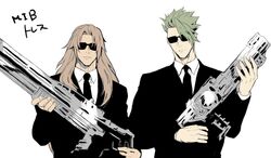  2boys :| achilles_(fate) bad_id bad_twitter_id black_jacket black_necktie brown_hair chiron_(fate) closed_mouth collared_shirt facing_viewer fate/apocrypha fate_(series) formal green_hair gun holding holding_gun holding_weapon jacket long_hair male_focus men_in_black multiple_boys necktie parody shirt simple_background snj suit suit_jacket sunglasses upper_body weapon white_background white_shirt 