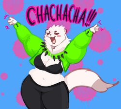  anthro blush bra breasts clothing collar eurovision_song_contest female finland fisk_(whorgi) gulonine hi_res kaarija mammal muffin_top mustelid musteline paint_splatter slightly_chubby solo spiked_collar spikes thick_thighs underwear whorgi 