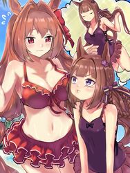  2girls alternate_breast_size animal_ears bikini breast_envy breasts brown_hair casual_one-piece_swimsuit cleavage closed_eyes collarbone commentary_request daiwa_scarlet_(trifle_vacation)_(umamusume) daiwa_scarlet_(umamusume) hair_ornament highres horse_ears horse_girl large_breasts long_hair multiple_girls navel official_alternate_costume one-piece_swimsuit pout purple_eyes red_eyes ryuhirohumi sweep_tosho_(monopolizing_the_chill?)_(umamusume) sweep_tosho_(umamusume) swimsuit umamusume 