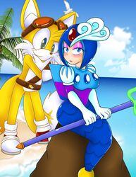 android anthro beach blue_eyes canid canine capcom detailed_background duo fox hi_res machine male mammal marine mega_man_(series) megaman_(classic) merfolk nankoyukiharuno open_mouth outside robot robot_master sand sea seaside sega sky smile sonic_boom sonic_the_hedgehog_(series) splash_woman split_form standing tails water