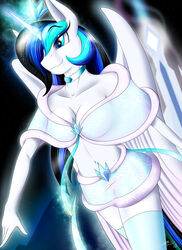 2014 absurd_res alicorn anthro anthrofied black_hair blue_eyes blue_hair blueondrive bottomwear breasts capelet cleavage clothed clothing collar crystal crystal_empire crystal_pony_(mlp) diamond_(gem) digital_media_(artwork) equid equine eyeshadow fan_character feathered_wings feathers female friendship_is_magic gem hair hasbro hi_res horn makeup mammal miniskirt multicolored_hair my_little_pony mythological_creature mythological_equine mythology navel portrait ring skirt solo sparkles three-quarter_portrait two_tone_hair wings