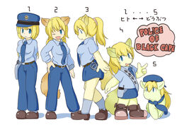 animal_humanoid animal_tail anthro blonde_hair blue_eyes canid canid_humanoid canine canine_humanoid canis chart clothed clothed_feral clothing digital_media_(artwork) dog_humanoid domestic_dog evolution evolution_chart female feral furry_scale group hair human humanoid kemono mammal mammal_humanoid model_sheet police side_view unknown_artist unknown_species