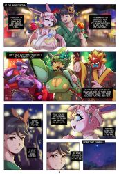  anthro big_breasts black_hair blue_eyes brown_eyes comic dialogue eeveelution english_text gammainks generation_6_pokemon generation_9_pokemon hi_res human japanese_clothes kimono kiwi_(gammainks) nintendo ogerpon pok&eacute;mon_(species) pokemon smiling sylveon text_box very_high_resolution wholesome 