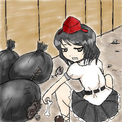  artist_request black_hair bone brown_eyes clenched_teeth collared_shirt female frilled_skirt frills hat looking_at_viewer looking_back lowres oekaki red_hat scavenger shameimaru_aya shirt skirt solo source_request squatting teeth tokin_hat touhou trash_bag white_shirt 