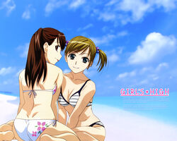  2girls :p aqua_eyes ass back barefoot beach bikini breasts brown_eyes brown_hair cleavage cloud day dimples_of_venus from_behind grin hair_bobbles hair_ornament joshi_kousei kishimoto_seiji long_hair medium_breasts multiple_girls ocean outdoors short_hair short_twintails sitting sky smile striped_bikini striped_clothes suzuki_yuma swimsuit takahashi_eriko tongue tongue_out twintails wariza 