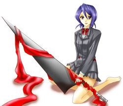  alternate_weapon artist_request barefoot bleach blue_hair female kuchiki_rukia long_sleeves purple_hair school_uniform silk_sheet solo sword weapon zangetsu_(bleach) 