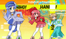  3girls animal_ears aqua_eyes blue_hair brown_hair fine_(futagohime) fushigiboshi_no_futago_hime fushigiboshi_no_futago_hime_gyu ga_rune_pose galaxy_angel galaxy_angel_rune hat hida_naria leaning lineup long_hair long_sleeves lowres miruro_(futagohime) multiple_girls pantyhose parody pink_hair pointing ponytail purple_eyes red_eyes rein_(futagohime) short_hair skirt smile top_hat very_long_hair white_pantyhose 