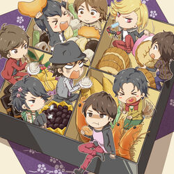  &gt;_&lt; 6+boys ankh_(ooo) arms_up asymmetrical_hair beans bento black_hair blonde_hair blush_stickers boots brown_eyes brown_hair chopsticks closed_eyes commentary_request cross-laced_footwear dog_tail doughnut food hair_ornament hairclip hat heart heart_in_mouth hidari_shoutarou hino_eiji hood hooded_vest hoodie jewelry kamen_rider kamen_rider_fourze_(series) kamen_rider_ooo_(series) kamen_rider_w kamen_rider_wizard_(series) kemonomimi_mode kisaragi_gentarou male_focus mochi multiple_boys nara_shunpei natsucos necklace open_mouth philip_(kamen_rider) popsicle red_eyes sakuta_ryuusei scarf school_uniform smile souma_haruto tail tail_wagging terui_ryuu vegetable vest wagashi 