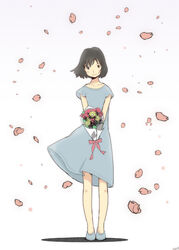  black_eyes black_hair blush bouquet female flower hana_(ookami_kodomo) niea ookami_kodomo_no_ame_to_yuki petals shadow short_hair simple_background skirt skirt_lift solo 