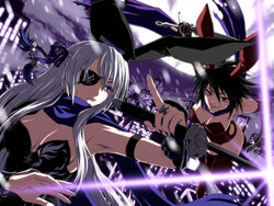  2girls animal_ears armpits battle black_hair blue_eyes commentary_request duel eyepatch iga_tomoteru katana kunai long_hair multiple_girls nail_polish original playboy_bunny rabbit_ears red_eyes scarf sword tongue weapon white_hair 