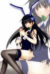  animal_ears bare_shoulders billion_(billion0103) black_hair black_thighhighs blush brown_eyes commentary_request fake_animal_ears female flower hair_ornament hairband hydrangea leaf long_hair mouth_hold nail_polish own_hands_together playboy_bunny rabbit_ears rabbit_tail sanka_rea sankarea sitting solo tail thighhighs wrist_cuffs zoom_layer 