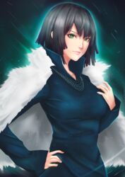  black_dress black_hair breasts commentary_request dress female fubuki_(one-punch_man) green_eyes highres ikhwan_maulana medium_breasts one-punch_man short_hair solo 