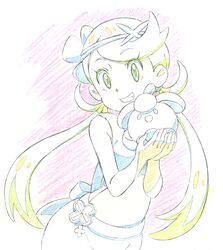  bad_id bad_twitter_id bounsweet color_trace colored_pencil_(medium) female flower gensei-225 hair_flower hair_ornament long_hair mallow_(pokemon) pokemon pokemon_(creature) pokemon_sm traditional_media twintails 