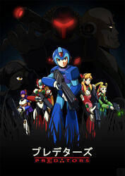  3girls 5boys alia_(mega_man) android commentary_request forehead_jewel gun highres layer_(mega_man) lumine_(mega_man) mega_man_(series) mega_man_x1 mega_man_x8 mega_man_x_(series) movie_poster multiple_boys multiple_girls pallette_(mega_man) parody poster_(medium) poster_parody predator_(1987) predator_(character) predator_(series) predators_(2010) sigma_(mega_man) ticktank vile_(mega_man) weapon x_(mega_man) zero_(mega_man) 