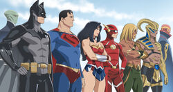  6+boys alien aquaman_(dc) aquaman_(series) bare_shoulders batman batman_(series) belt black_cape black_hair blonde_hair blue_sky cape cloud colored_skin commentary_request covered_navel crossed_arms dark_skin day dc_comics facial_hair female goatee green_skin hand_on_own_hip justice_league long_hair looking_to_the_side magog martian_manhunter mask multiple_boys outdoors photoshop_(medium) red_cape red_eyes red_tornado robot skirt sky standing superhero_costume superman superman_(series) temaeya_utsurou the_flash the_flash_(series) utility_belt wonder_woman wonder_woman_(series) 