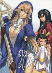  2girls absurdres armlet binding_discoloration black_hair blonde_hair blush breasts cleavage color_halftone cross eiwa green_eyes highres large_breasts mole mole_under_mouth multiple_girls nun queen&#039;s_blade queen&#039;s_blade_rebellion red_eyes sainyang_(queen&#039;s_blade) sigui_(queen&#039;s_blade) tarnyang_(queen&#039;s_blade) v-neck 