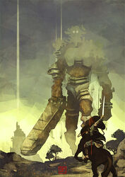  1boy agro_(shadow_of_the_colossus) colossus commentary_request gaius_(shadow_of_the_colossus) giant horse horseback_riding md5_mismatch photoshop_(medium) poncho red_hair reins riding shadow_of_the_colossus short_hair size_difference surcoat sword syrphin wander_(shadow_of_the_colossus) weapon 