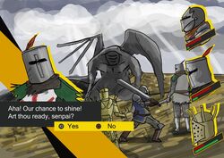  3boys all-out_attack armor bad_link belfry_gargoyle boss_fight dark_souls_(series) dark_souls_i english_text fake_screenshot gameplay_mechanics helmet kayinworks knight knight_lautrec_of_carim knight_of_astora_oscar monster multiple_boys parody persona persona_4 solaire_of_astora sword weapon wings 