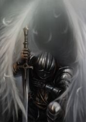  1boy angel_wings armor commentary_request dark_souls_(series) dark_souls_i feathered_wings feathers full_armor gauntlets gloves helmet highres iha_(barista_paint) knight knight_of_astora_oscar male_focus on_one_knee solo sword weapon wings 