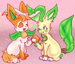  3_toes absurd_res blush blush_lines cute_fangs dipstick_tail duo eeveelution eye_contact feet feral food fruit fur generation_4_pokemon generation_6_pokemon green_blush green_ears green_eyes green_inner_ear green_tail hand_holding heart_symbol hi_res justiceposting key_(fellnyanya) kiwifruit leaf leafeon looking_at_another male markings misu_(fwuffydurg) nintendo one_eye_closed open_mouth orange_(fruit) orange_ears orange_eyes orange_paws orange_sclera plant pokemon pokemon_(species) romantic romantic_couple sitting sylveon tail tail_markings tan_body tan_fur toes white_body white_fur white_inner_ear white_toes wink 