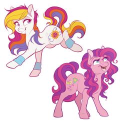  clothing cutie_mark duo dvixie earth_pony equid equine female feral fur hair hasbro hooves horse leg_warmers legwear mammal mlp_g3 my_little_pony my_little_pony_(2003) my_little_pony_(g3) open_mouth open_smile pony pre-g4 simple_background sky_wishes smile sunny_daze_(mlp_g3) unavailable_at_source unguligrade white_background 