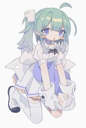  :o ahoge apron blood blue_apron blue_collar blue_eyes blush_stickers cake cake_slice collar cuts daizu_(melon-lemon) detached_ahoge dress female food fruit full_body gloves green_hair hair_ornament highres holding holding_plate injury kneeling looking_at_viewer loose_thighhigh one_side_up original oversized_gloves parted_lips plate puffy_short_sleeves puffy_sleeves purple_eyes self-harm shoes short_sleeves sidelocks simple_background solo strawberry strawberry_shortcake thighhighs waist_apron white_background white_dress white_footwear white_gloves white_thighhighs 