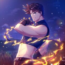  1boy abs bare_shoulders battle_tendency blurry brown_hair chromatic_aberration commentary_request crop_top depth_of_field electricity fingerless_gloves gloves grin hamon holding jojo_no_kimyou_na_bouken joseph_joestar joseph_joestar_(young) kuren male_focus midriff navel night night_sky one_eye_closed rope short_hair sky sleeveless sleeveless_turtleneck smile solo spiked_hair spikes tight_top toned toned_male turtleneck upper_body 