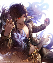  1boy abs belial_(granblue_fantasy) belt black_hair black_shirt granblue_fantasy granblue_fantasy_(style) highres hotaruika_niji looking_at_viewer male_focus open_clothes pants pectorals photoshop_(medium) red_eyes shirt simple_background smile solo 