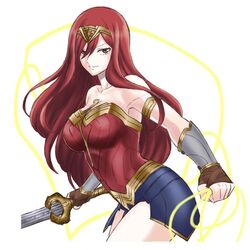  armlet armor breasts brown_eyes cleavage closed_mouth cosplay cowboy_shot dc_comics erza_scarlet fairy_tail faulds female floating_hair hair_between_eyes headband holding holding_sword holding_weapon large_breasts lisa_(lisa_lisa_life) long_hair looking_at_viewer red_hair simple_background sleeveless smile solo standing striped sword very_long_hair weapon white_background wonder_woman wonder_woman_(cosplay) wonder_woman_(series) 