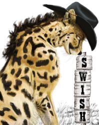  2016 black_clothing black_hat black_headwear black_nose black_spots cheetah clothing con_badge digital_media_(artwork) english_text felid feline feral fur grass hat headgear headwear hi_res king_cheetah looking_at_viewer mammal name_badge plant simple_background smile solo spots swish swish_(character) text white_background yellow_body yellow_fur 