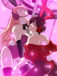  2girls animal_ears between_breasts breasts brown_eyes brown_hair cleavage commentary_request elbow_gloves fishnet_pantyhose fishnets gloves headphones headset highres iga_tomoteru large_breasts leotard long_hair medium_breasts megurine_luka meiko_(vocaloid) multiple_girls pantyhose pink_hair playboy_bunny pole pole_dancing rabbit_ears rabbit_tail short_hair stripper stripper_pole tail thighhighs vocaloid 