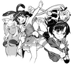  4girls aiko_(renkin_san-kyuu_magical_pokaan) animal_ears bat_(animal) bent_over blush blush_stickers bow breasts commentary_request dark-skinned_female dark_skin dress extra_ears facial_mark greyscale hair_ornament hairband highres liru mary_janes medium_breasts monochrome multiple_girls one_eye_closed pachira panties puffy_sleeves renkin_san-kyuu_magical_pokaan robot shoes small_breasts strapless strapless_dress twintails underboob underwear vampire wand whisker_markings wolf_girl yug_(ekaki) yuuma_(renkin_san-kyuu_magical_pokaan) 