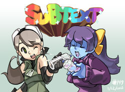  2girls bare_shoulders blue_skin borrowed_character bottle brown_hair dated elbow_pads gloves goggles goggles_on_head green_eyes green_shirt junkpuyo marina_(noill) multiple_girls open_mouth original plume_(junkpuyo) ponytail purple_hair purple_shirt rainbow_text sexually_suggestive shirt squirting sweater turtleneck water_bottle wince zipper 