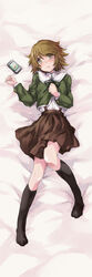  1boy absurdres bad_id bad_pixiv_id bed black_socks blush brown_hair crossdressing danganronpa:_trigger_happy_havoc danganronpa_(series) fujisaki_chihiro green_eyes highres kneehighs lying male_focus matsukura_nemu open_mouth otoko_no_ko pda photoshop_(medium) school_uniform short_hair skirt socks solo 