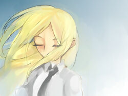  aki_(0_deeeen) blonde_hair cartoon_network closed_eyes dc_comics female female male necktie school_uniform shirt solo student teen_titans terra_(dc) white_shirt wind 