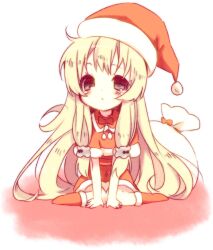  bad_id bad_pixiv_id blonde_hair bow female grey_eyes hat long_hair nakamura_sandayo original photoshop_(medium) sack santa_costume santa_hat simple_background sitting solo wariza white_background 