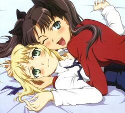  cowgirl_position fate/stay_night lying ribbon saber sheets smile tohsaka_rin 