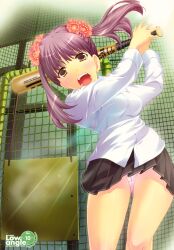  absurdres artbook baseball_bat breasts cage character_request copyright_request female flower hair_flower hair_ornament highres medium_breasts open_mouth panties pantyshot photoshop_(medium) pink_panties playing_sports purple_hair seguchi_takahiro shirt shouting skirt solo standing twintails underwear yellow_eyes 