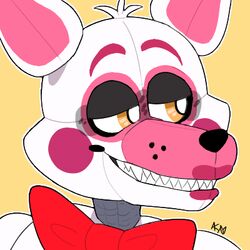  1:1 2018 alternate_version_at_source ambiguous_gender animatronic anthro big_bow_tie big_ears black_nose bow_(feature) bow_tie bust_portrait canid canine close-up digital_media_(artwork) eyebrows five_nights_at_freddy&#039;s fox funtime_foxy_(fnafsl) hair half-closed_eyes icon lidded_eyes lipstick looking_aside looking_away low_res machine makeup mammal multicolored_ears narrowed_eyes orange_eyes pink_ears pink_eyebrows pink_lipstick portrait raised_eyebrows red_bow_tie robot rosy_cheeks scottgames sharp_teeth short_hair simple_background sister_location smile smug snazzamazing solo teeth white_body white_ears white_hair yellow_background 