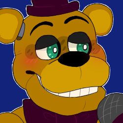  1:1 2018 alternate_version_at_source animatronic anthro bear black_nose blue_background blush bow_tie bust_portrait close-up clothing electronics five_nights_at_freddy&#039;s five_nights_at_freddy&#039;s_4 fredbear_(fnaf) half-closed_eyes happy hat headgear headwear icon looking_aside looking_away low_res machine male mammal microphone multicolored_ears narrowed_eyes portrait purple_bow_tie robot round_ears scottgames short_ears simple_background smile snazzamazing solo teal_eyes teeth thumbnail top_hat two_tone_ears yellow_body yellow_ears 