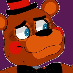  1:1 2018 alternate_version_at_source animatronic anthro bear black_bow_tie black_nose blue_eyes bodily_fluids bow_tie brown_body brown_ears bust_portrait close-up clothing eyelashes five_nights_at_freddy&#039;s five_nights_at_freddy&#039;s_2 hat headgear headwear icon looking_aside looking_away low_res machine male mammal multicolored_ears nervous nervous_smile nervous_sweat portrait purple_background robot rosy_cheeks round_ears scottgames short_ears simple_background smile snazzamazing solo sweat thumbnail top_hat toy_freddy_(fnaf) two_tone_ears 